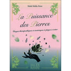 Couverture du livre "La Puissance des Pierres" de Maïté Molla-Petot, illustrée par une main stylisée tenant un amas de cristaux sur un dégradé rose et bleu orné de motifs végétaux verts.