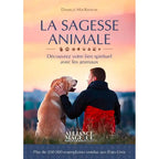 La Sagesse Animale de Danielle MacKinnon, illustré par un homme assis à côté de son chien face à un coucher de soleil.