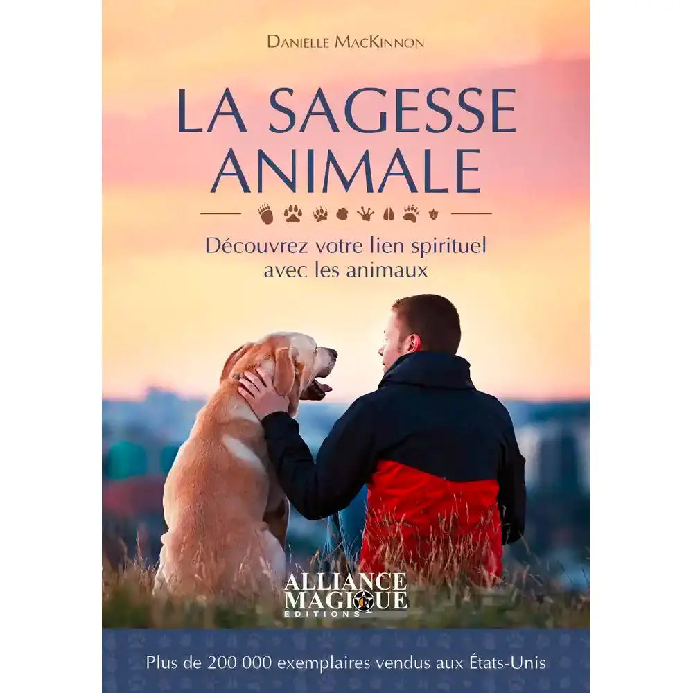 La Sagesse Animale de Danielle MacKinnon, illustré par un homme assis à côté de son chien face à un coucher de soleil.