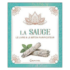 La Sauge - Le livre & le bâton purificateur, illustré par deux bâtons de sauge blanche séchée sur une couverture blanche à bordure turquoise ornée de lotus.