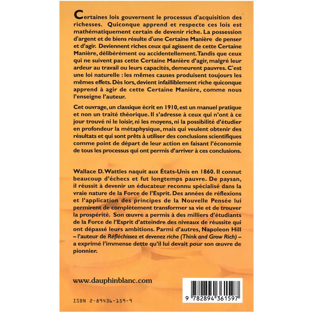 La Science de l'Enrichissement illustré par le verso de sa couverture présentant un résumé de l'œuvre et la biographie de l'auteur sur un fond jaune orangé.