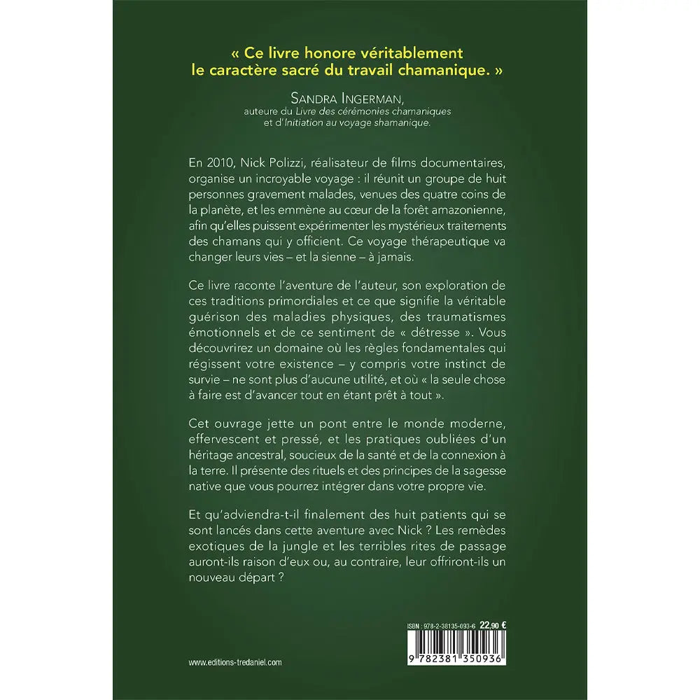 Quatrième de couverture du livre « La science sacrée des chamans » sur fond vert, avec texte de présentation, citation et code-barres.