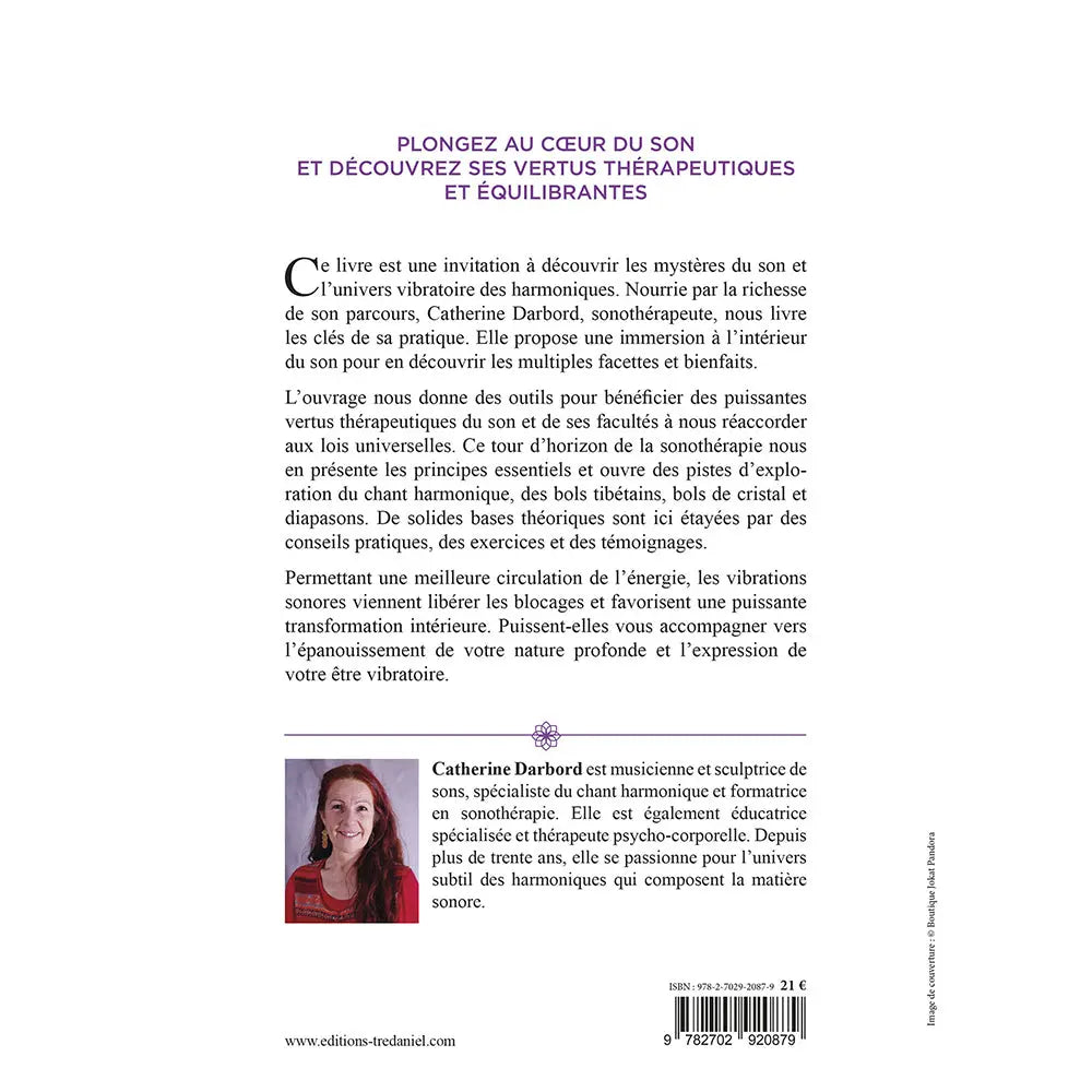 La Sonothérapie illustré par le verso de sa couverture présentant un résumé sur fond blanc et le portrait de l'auteure, Catherine Darbord.