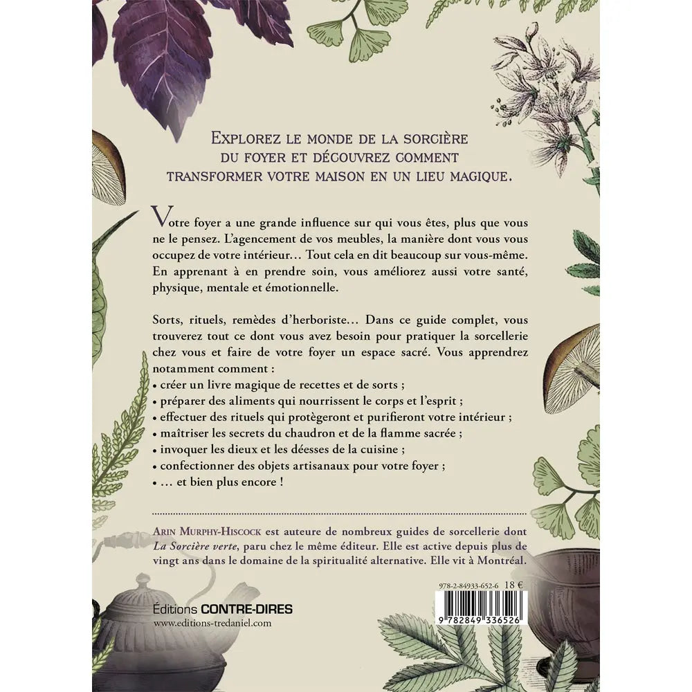 La Sorcière moderne du foyer illustré par le verso de sa couverture présentant un descriptif de l'ouvrage sur un fond crème, mettant en avant des conseils et des recettes magiques pour transformer sa maison en un espace spirituel et réconfortant.