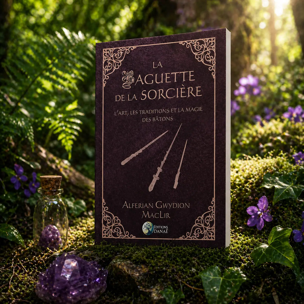 Livre La Baguette de la Sorcière d'Alferian Gwydion MacLir posé dans la mousse, illustré d'une main tenant une baguette de bois devant une forêt mystique.