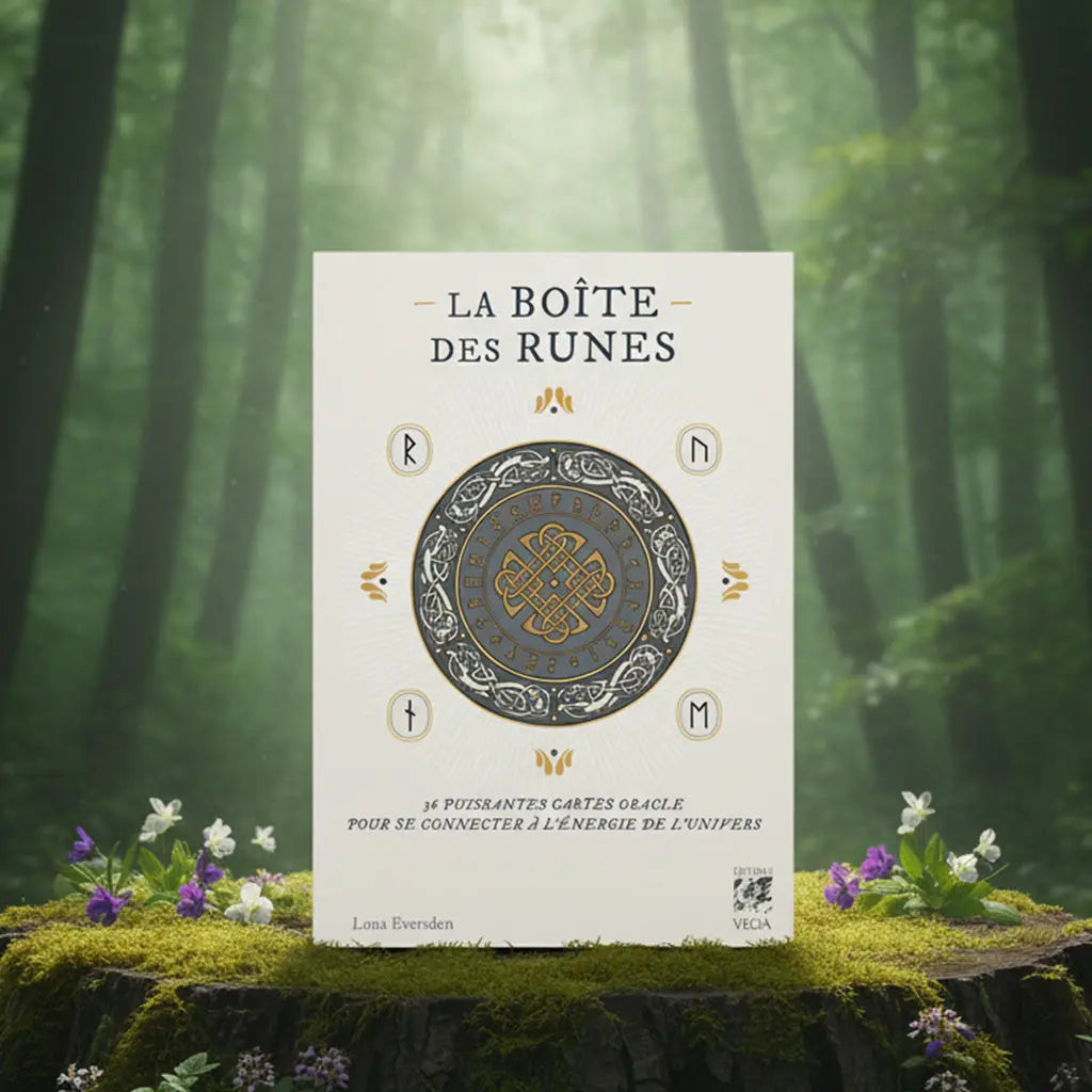 Coffret blanc La Boîte des Runes de Lona Eversden posé sur une souche, illustré d'un bouclier nordique et de symboles runiques dorés.