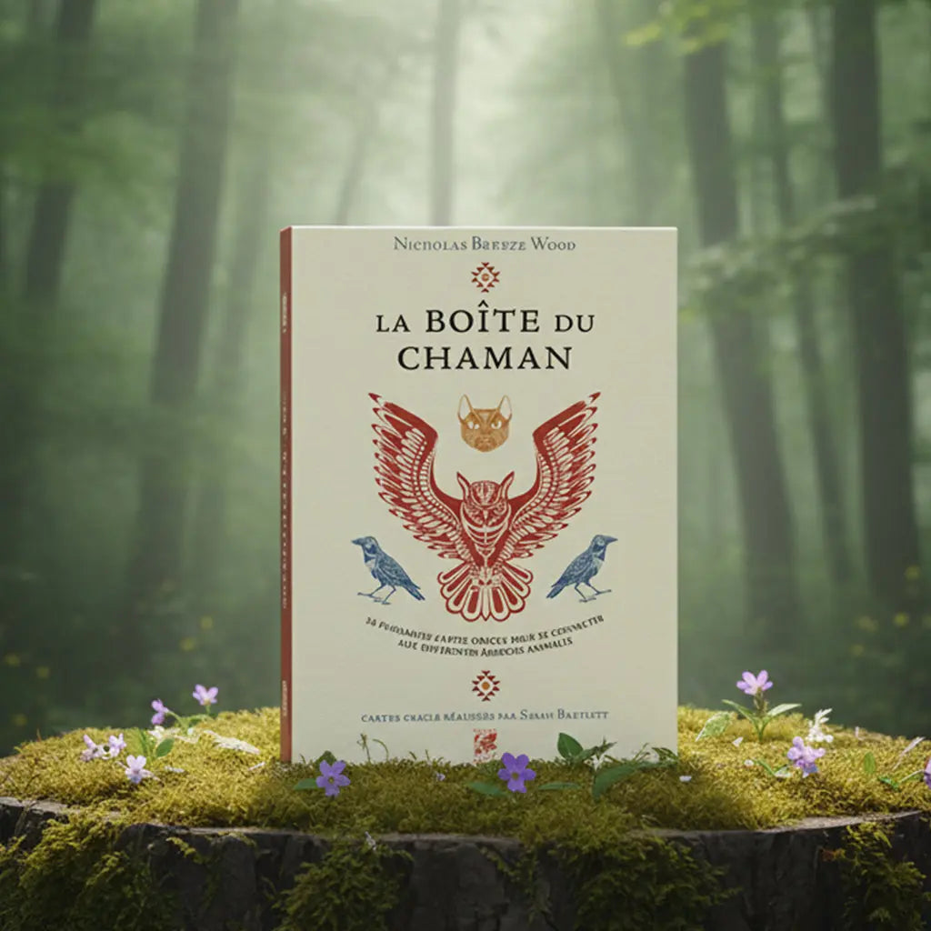 Coffret beige La Boîte du Chaman de Nicholas Breeze Wood posé sur une souche, illustré d'un totem de chouette rouge et bleu stylisé par Sarah Bartlett.