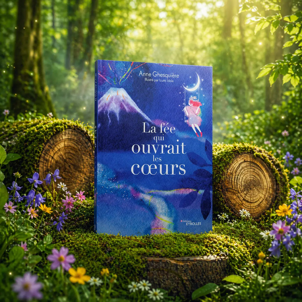 Couverture du livre La Fée qui ouvrait les Coeurs montrant une petite fée sur une balançoire en forme de lune survolant un paysage onirique de montagnes.