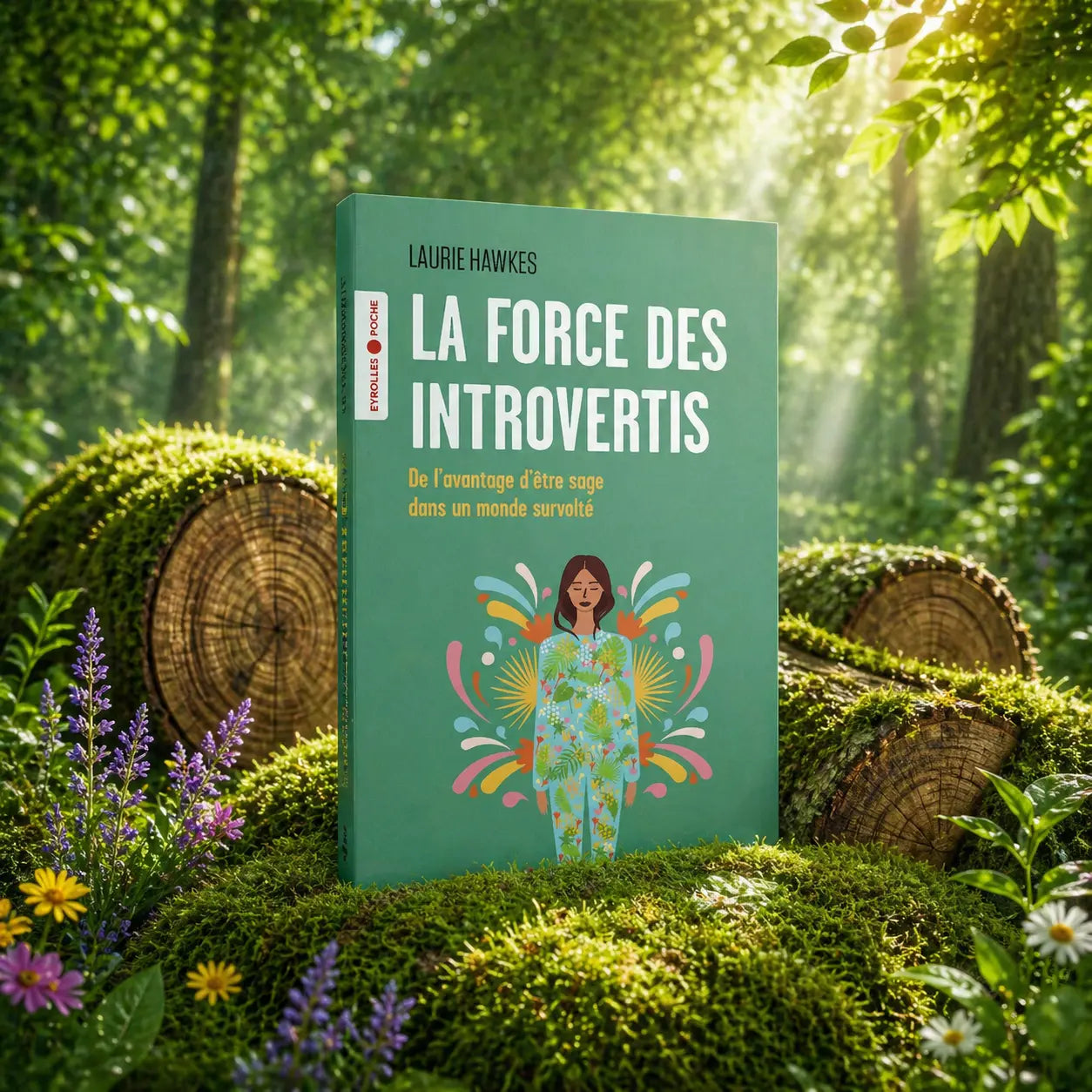 Couverture du livre La Force des Introvertis de Laurie Hawkes montrant une femme sereine entourée de motifs végétaux colorés sur un fond vert amande.