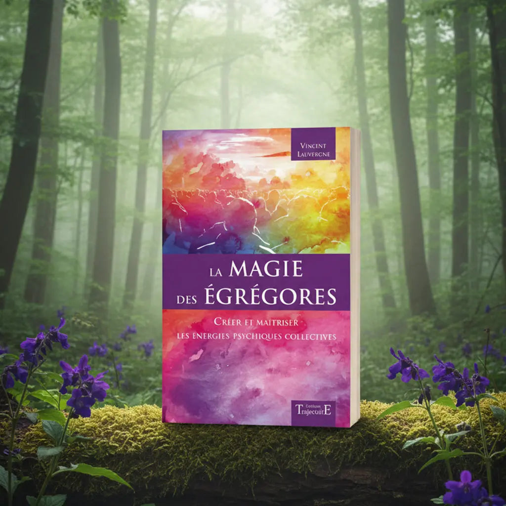 Livre coloré La Magie des Egrégores de Vincent Lauvergne posé sur une souche, illustré d'une foule abstraite aux énergies vibrantes.