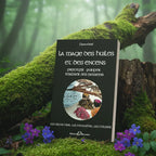 Livre noir La Magie des Huiles et des Encens de Chanceland posé sur une souche, illustré d'un brûleur d'encens et de résines colorées.