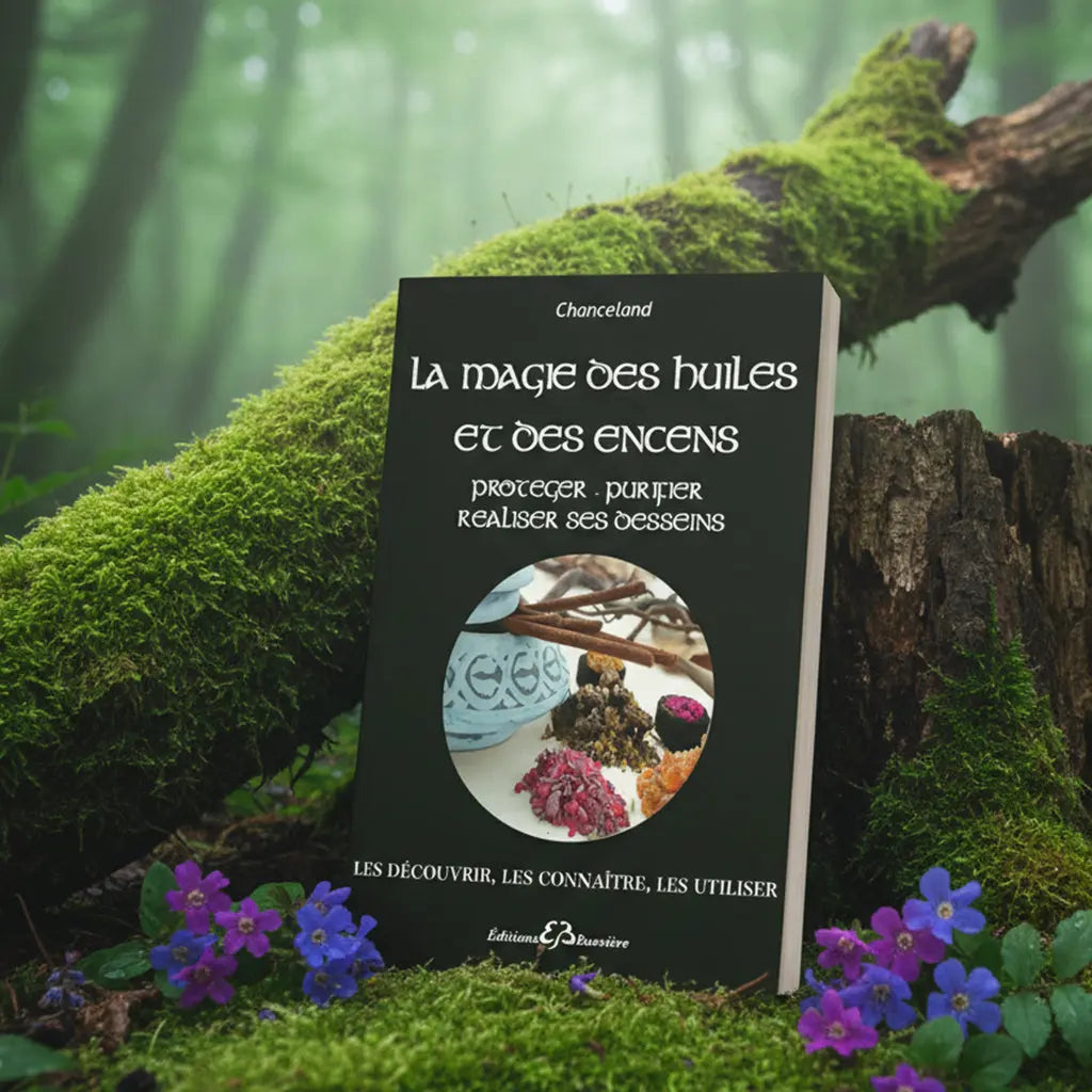 Livre noir La Magie des Huiles et des Encens de Chanceland posé sur une souche, illustré d'un brûleur d'encens et de résines colorées.