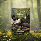 Livre vert nature La Magie du Foyer de Rachel Patterson posé sur une souche, illustré d'un plan de travail de sorcière avec herbes et mortier.