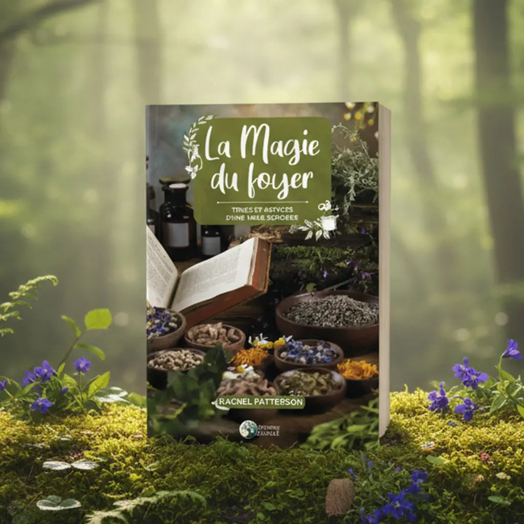 Livre vert nature La Magie du Foyer de Rachel Patterson posé sur une souche, illustré d'un plan de travail de sorcière avec herbes et mortier.