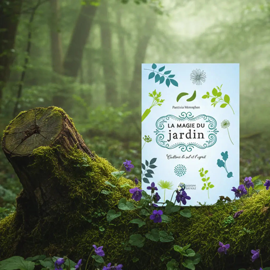 Livre blanc et vert La Magie du Jardin de Patricia Monaghan posé sur une souche, illustré de silhouettes végétales et d'un titre encadré.