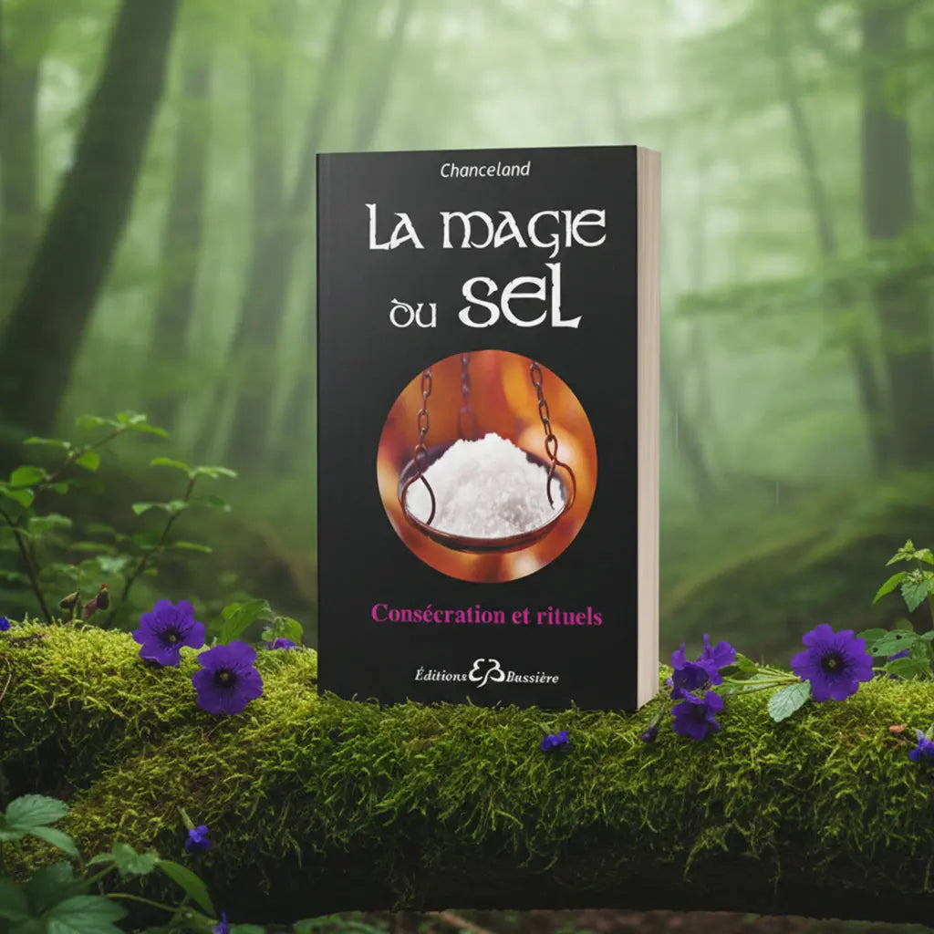 Livre noir La Magie du sel - Consécration et Rituels de Chanceland posé sur une souche, illustré d'une balance contenant du sel sur fond de feu.