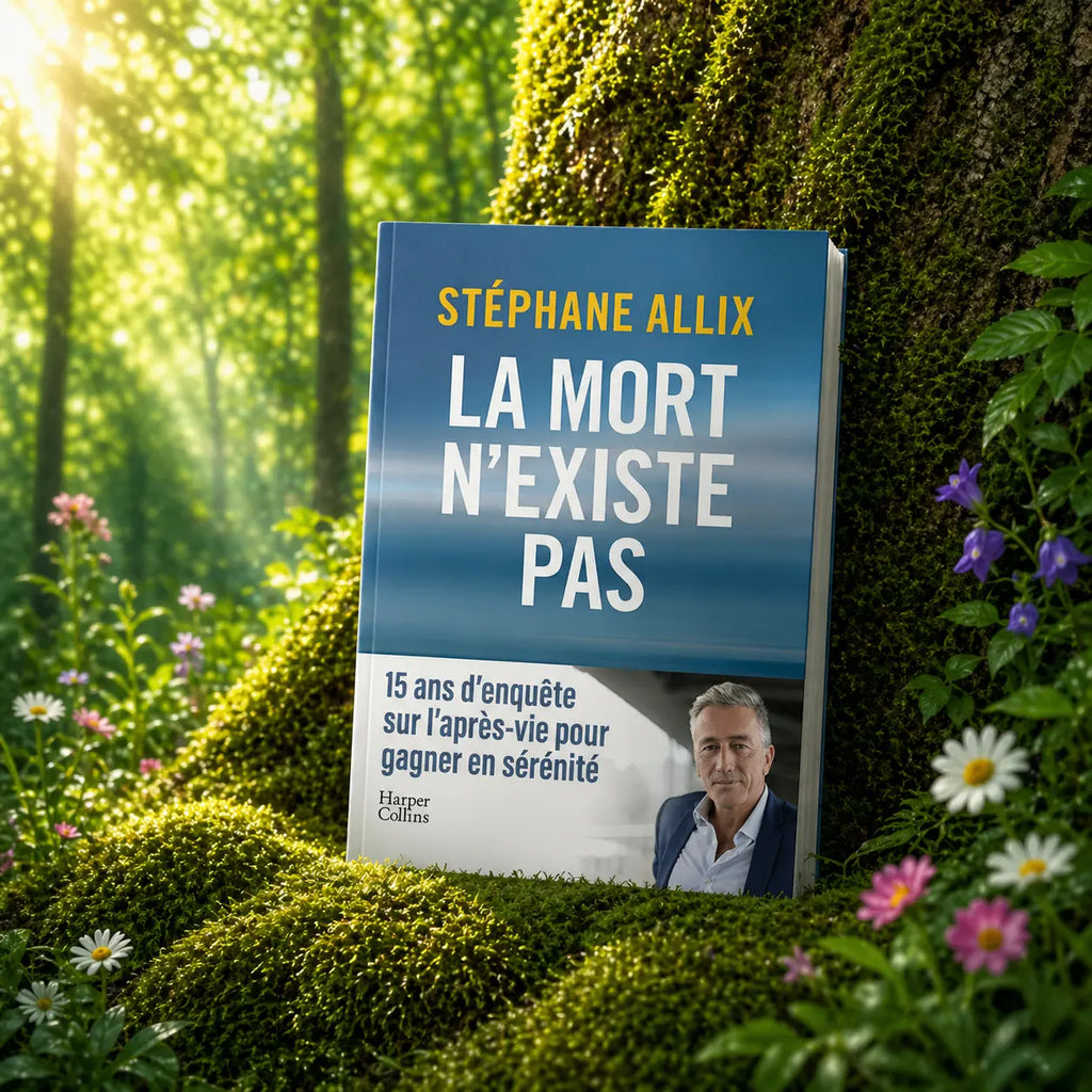 Livre La Mort n'existe pas sur mousse sacrée au pied d'un arbre, entouré de fleurs violettes sous des rayons de soleil magiques.