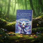 Livre La Numérologie des Archanges selon la Méthode Tianshi posé en forêt, couverture bleue lumineuse illustrant un archange tenant un lotus de lumière.