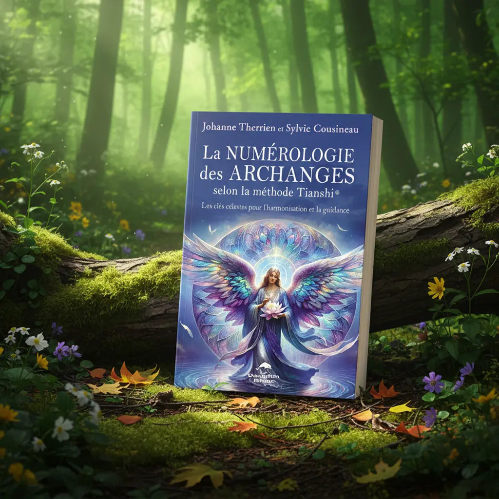 Livre La Numérologie des Archanges selon la Méthode Tianshi posé en forêt, couverture bleue lumineuse illustrant un archange tenant un lotus de lumière.