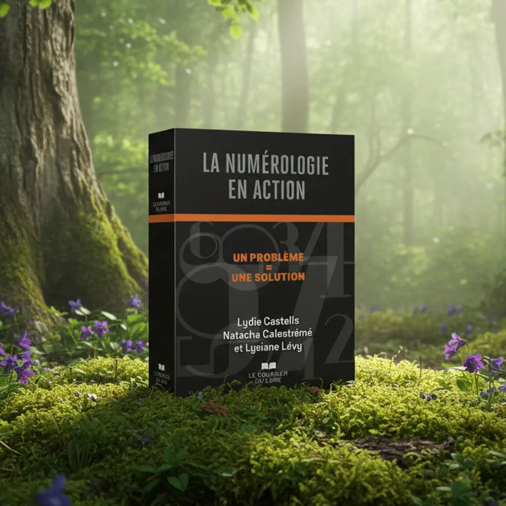 Coffret noir et orange La Numérologie en Action posé sur une souche, orné de chiffres en filigrane et du slogan "Un problème = Une solution".