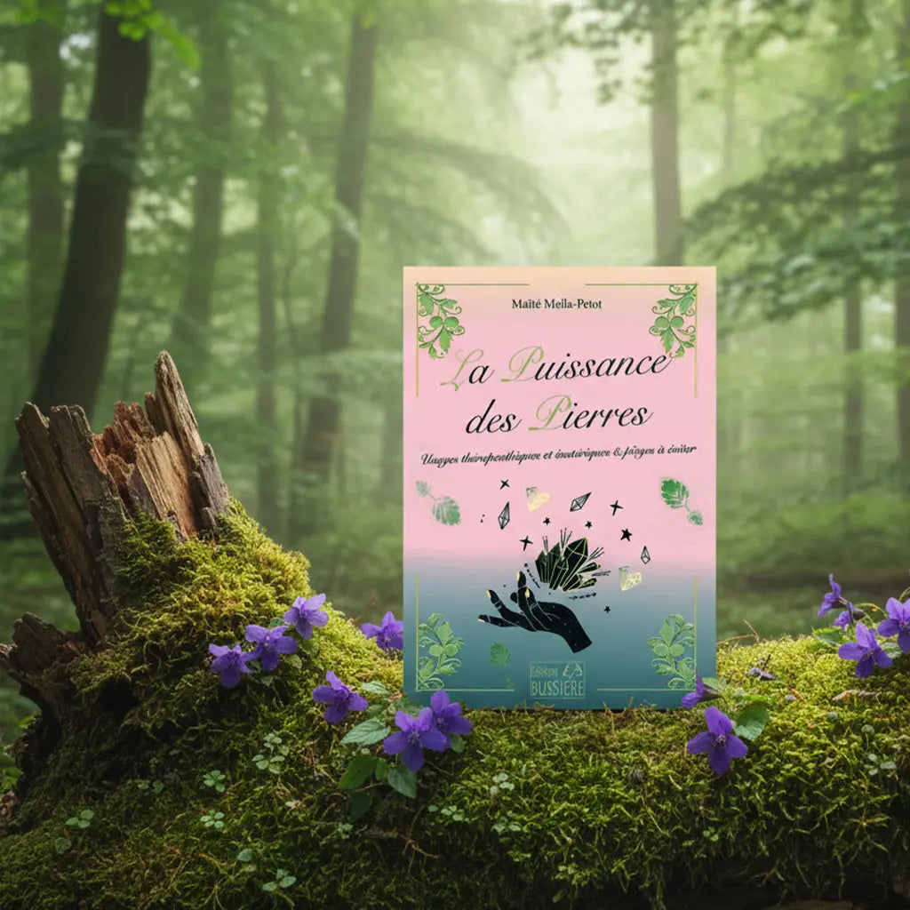 Livre La Puissance des Pierres de Maïté Molla-Petot posé sur une souche moussue, illustré d'une main noire enserrant des cristaux scintillants sur un fond rose et vert.