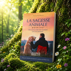 Livre La Sagesse Animale sur mousse sacrée au pied d'un arbre, entouré de fleurs violettes sous des rayons de soleil magiques.