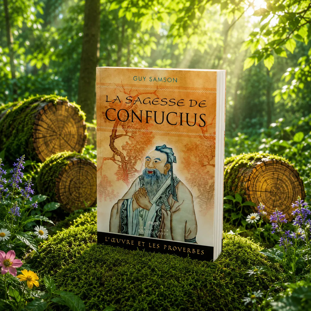 Livre La Sagesse de Confucius sur mousse sacrée au pied d'un arbre, entouré de fleurs violettes sous des rayons de soleil magiques.