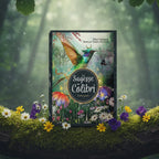 Coffret coloré La Sagesse du Colibri d'Ellen Valladares posé sur une souche, illustré d'un colibri vibrant volant vers une fleur par Yasmeen Westwood.