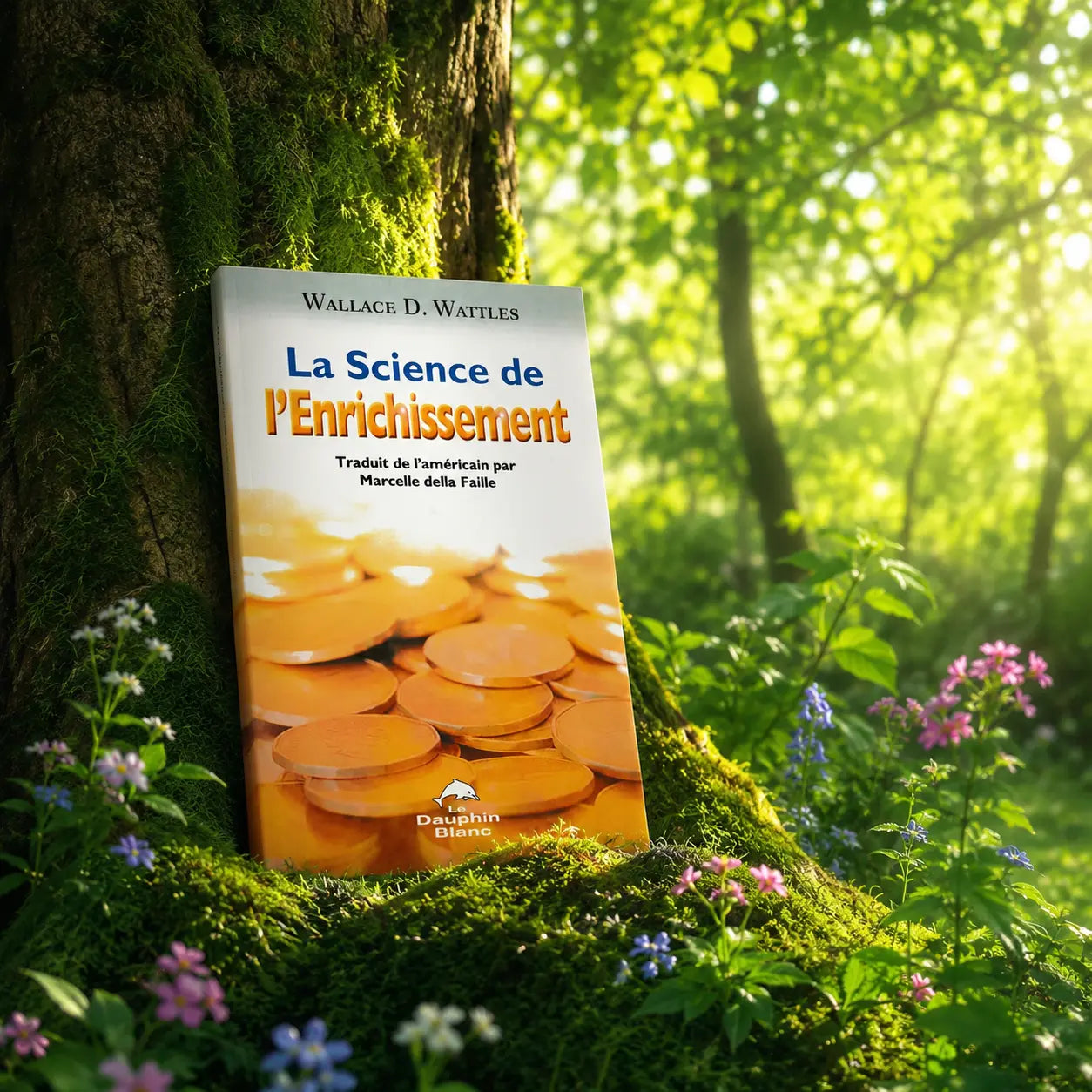 Livre La Science de l'Enrichissement sur mousse sacrée au pied d'un arbre, entouré de fleurs violettes sous des rayons de soleil magiques.