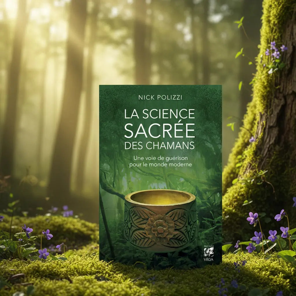 Livre vert forêt La Science Sacrée des Chamans de Nick Polizzi posé sur une souche, illustré d'un bol cérémoniel doré.
