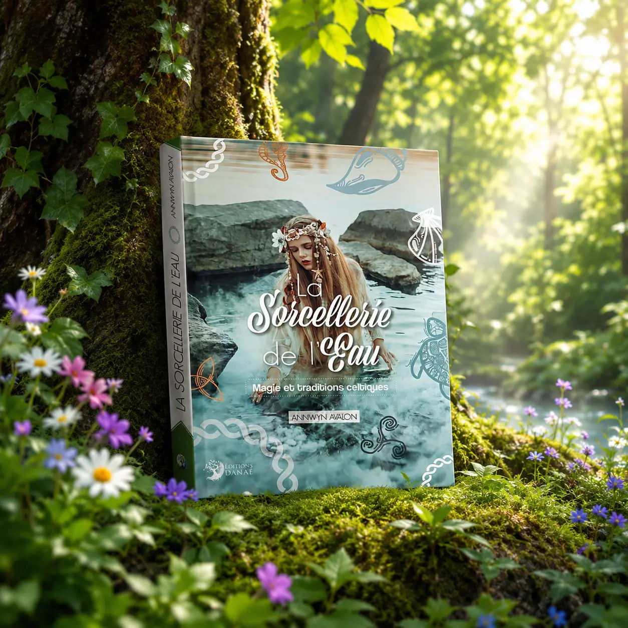 Couverture du livre La Sorcellerie de l'Eau d'Annwyn Avalon ornée d'un triskèle entouré de vagues bleues et de motifs de vannerie celtique.