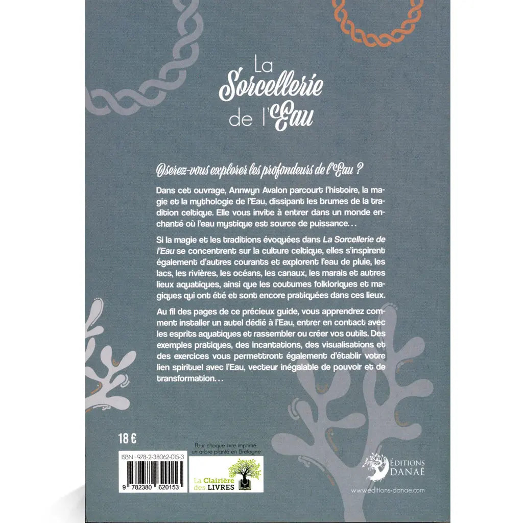 La Sorcellerie de l'Eau illustré par le verso de sa couverture présentant un résumé de l'ouvrage sur un fond bleu nuit aux motifs aquatiques.