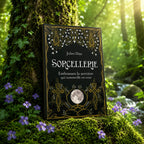 Livre Sorcellerie, Embrassez la sorcière qui sommeille en vous de Juliet Diaz posé sur un talus de mousse verte dans une forêt lumineuse, entouré de petites fleurs sauvages.