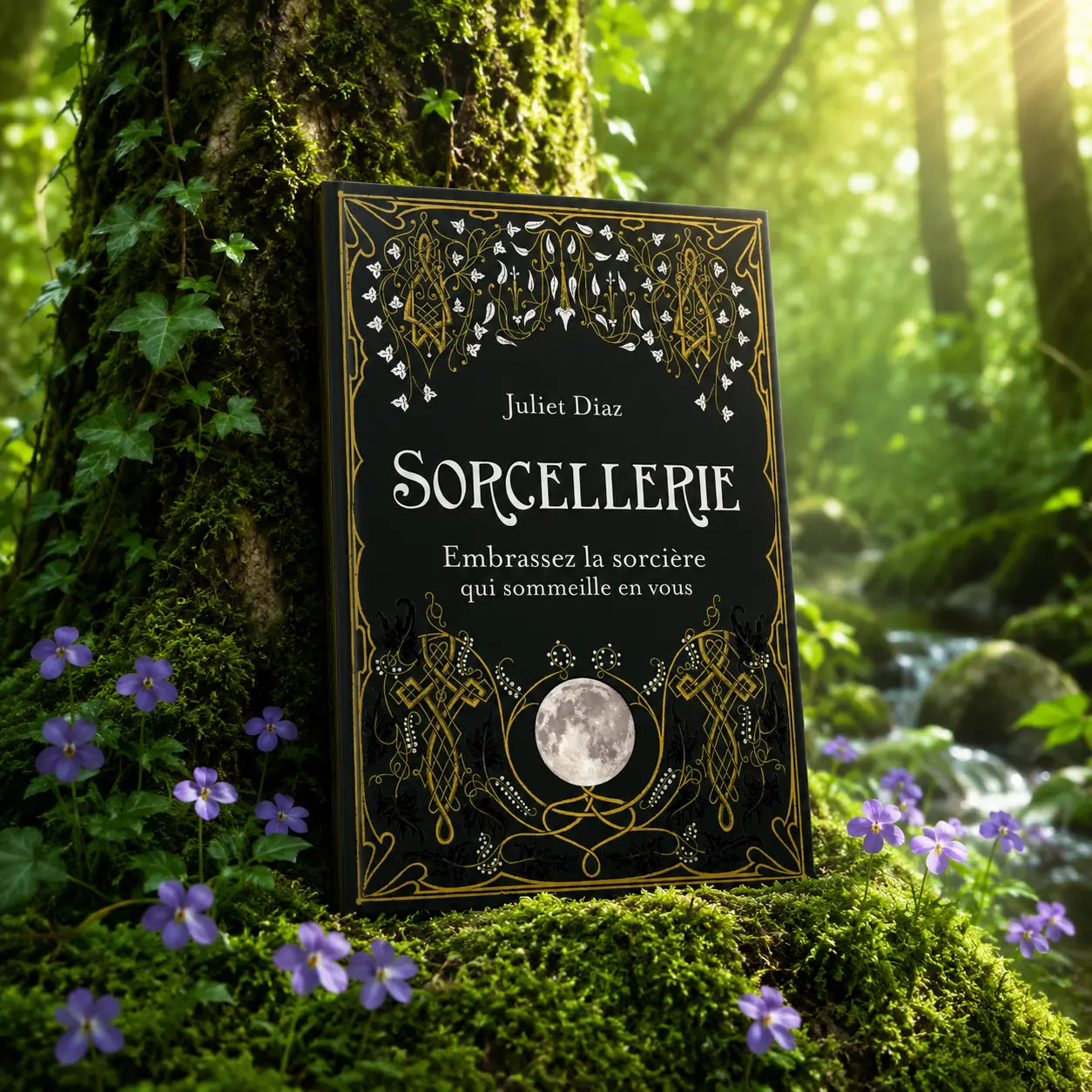 Livre Sorcellerie, Embrassez la sorcière qui sommeille en vous de Juliet Diaz posé sur un talus de mousse verte dans une forêt lumineuse, entouré de petites fleurs sauvages.