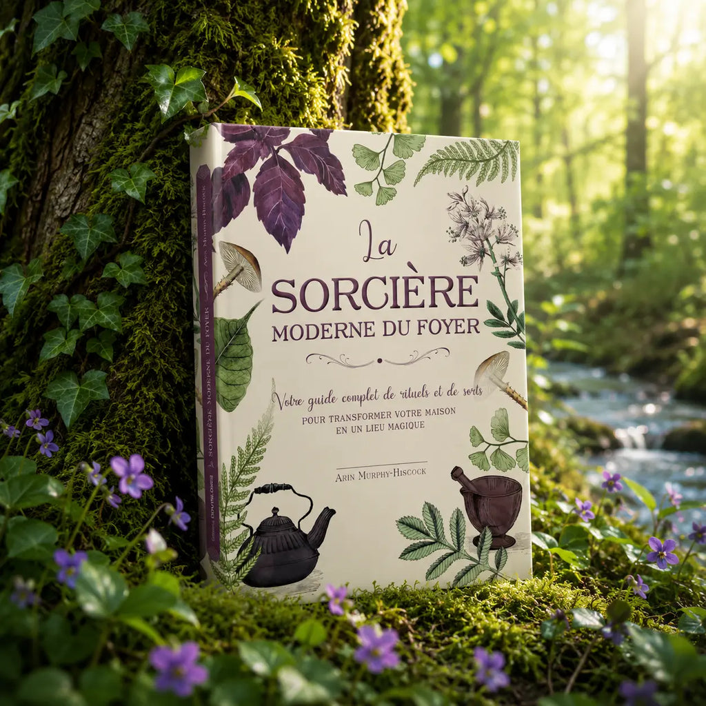 Couverture du livre La Sorcière Moderne du Foyer illustrée d'une théière, d'un mortier et de motifs botaniques sur fond crème.