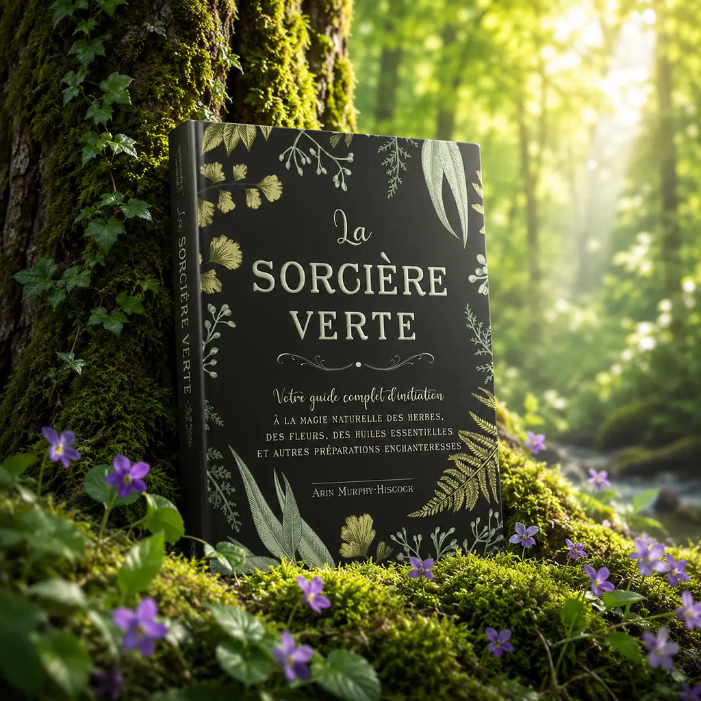 Couverture du livre La Sorcière Verte d'Arin Murphy-Hiscock illustrée de feuillages de fougères et de baies sauvages sur fond vert mousse.