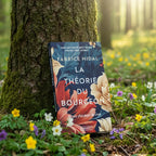 Livre La Théorie du Bourgeon de Fabrice Midal posé contre un arbre en forêt, entouré de fleurs sauvages colorées et baigné de lumière printanière.