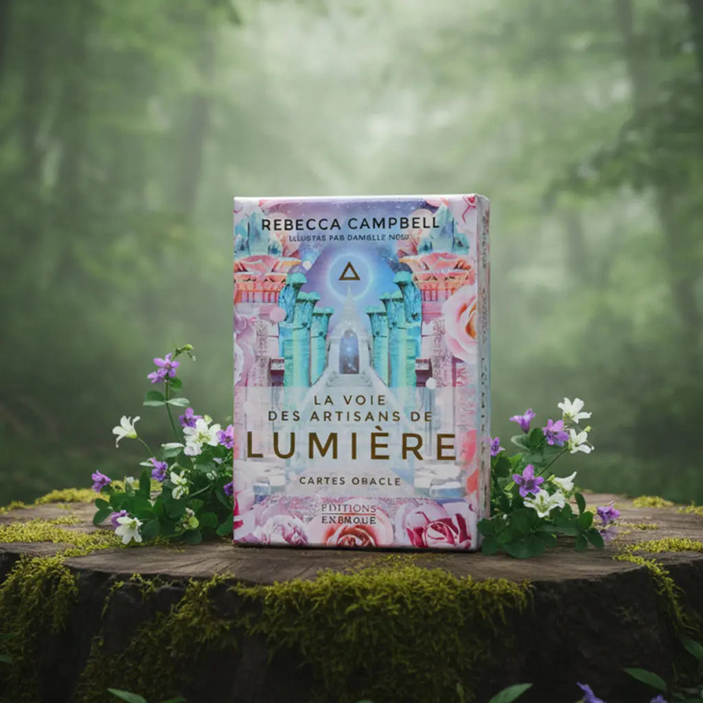 Coffret La Voie des Artisans de Lumière de Rebecca Campbell posé sur une souche, illustré d'un temple céleste aux teintes roses et bleues par Danielle Noel.