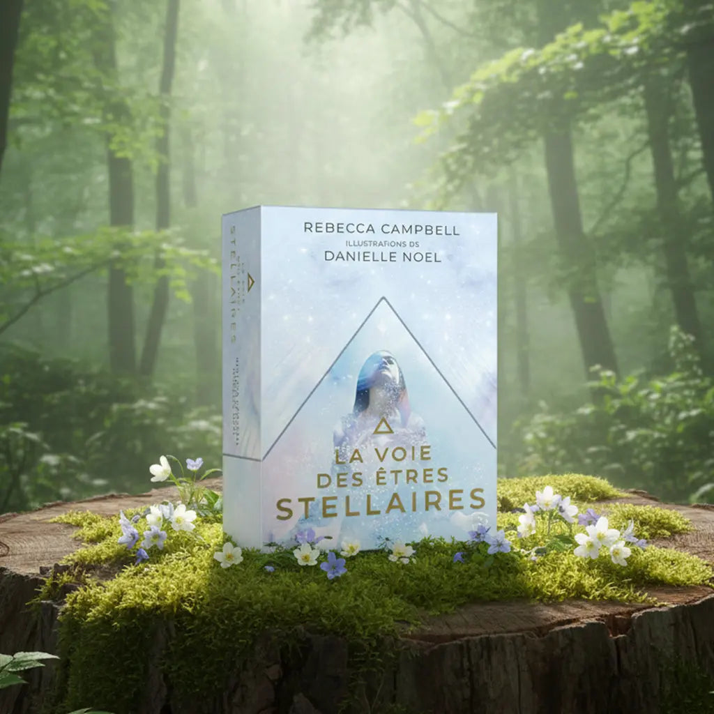 Coffret triangulaire La Voie des Êtres Stellaires - Cartes Oracle de Rebecca Campbell posé sur une souche en forêt, illustré d'une femme baignée de lumière cosmique.