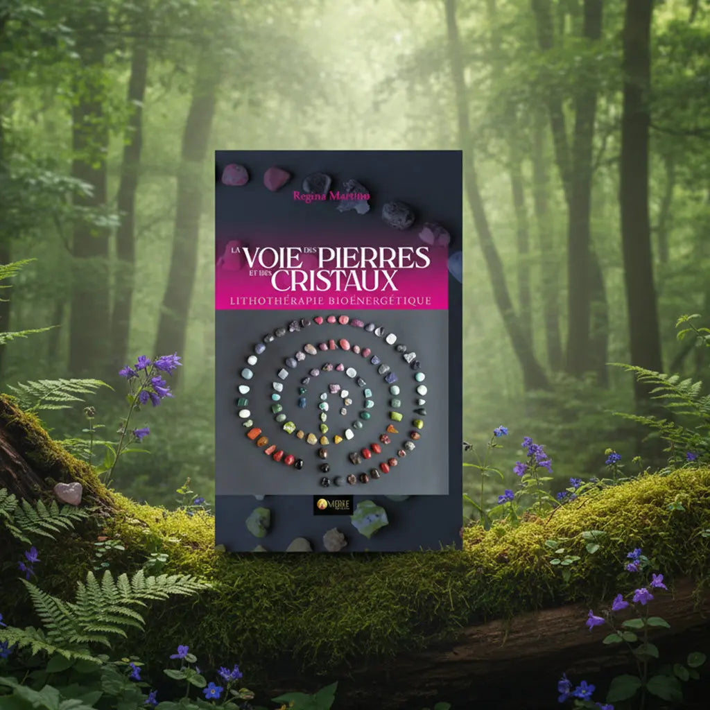 Livre sombre La Voie des Pierres et des Cristaux de Regina Martino posé sur une souche moussue, illustré d'une grande spirale formée de petites pierres colorées.