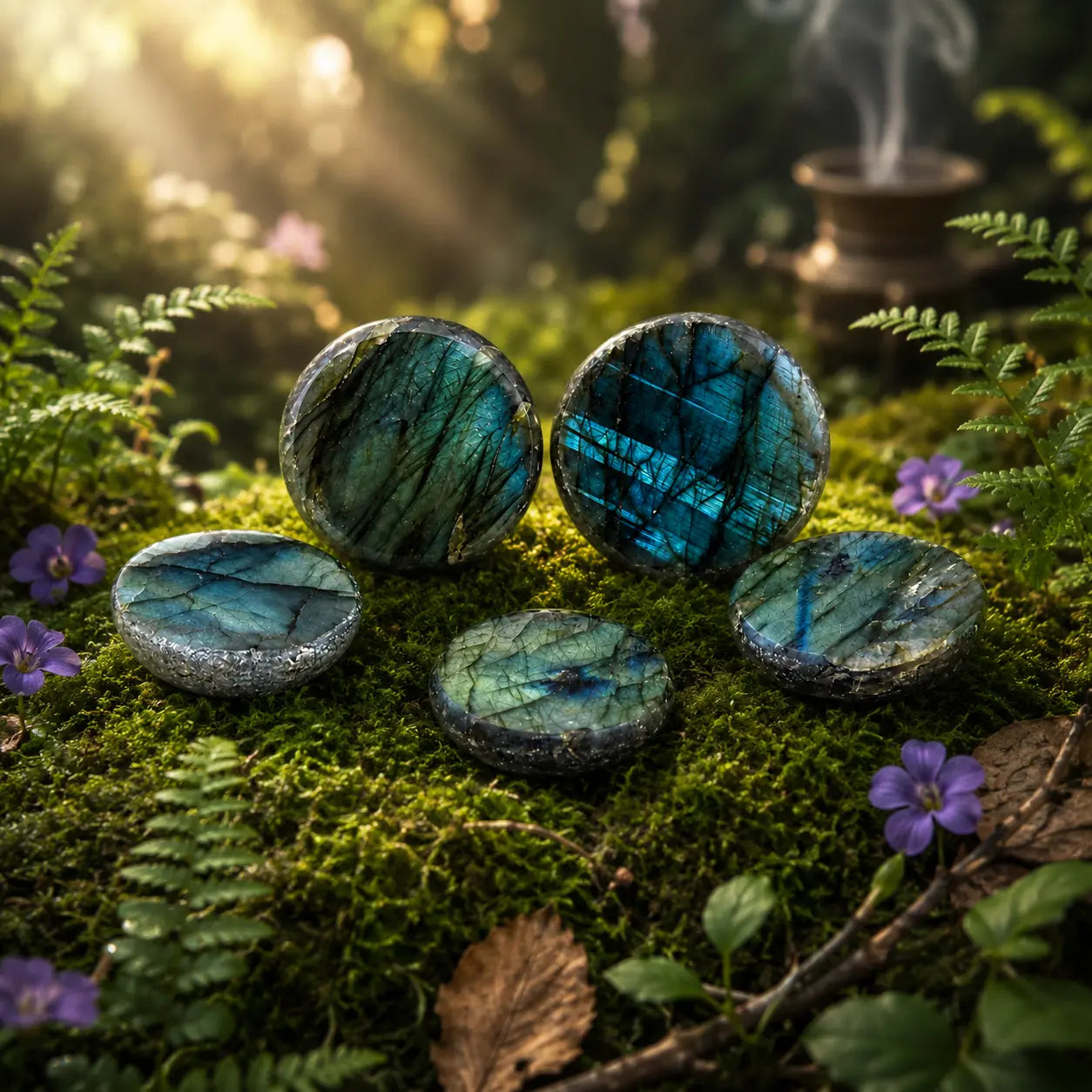 Demi-sphères de labradorite de type Ema Egg, révélant une face plane polie aux reflets magiques bleus et verts intenses et une face bombée brute, sur de la mousse forestière fleurie.