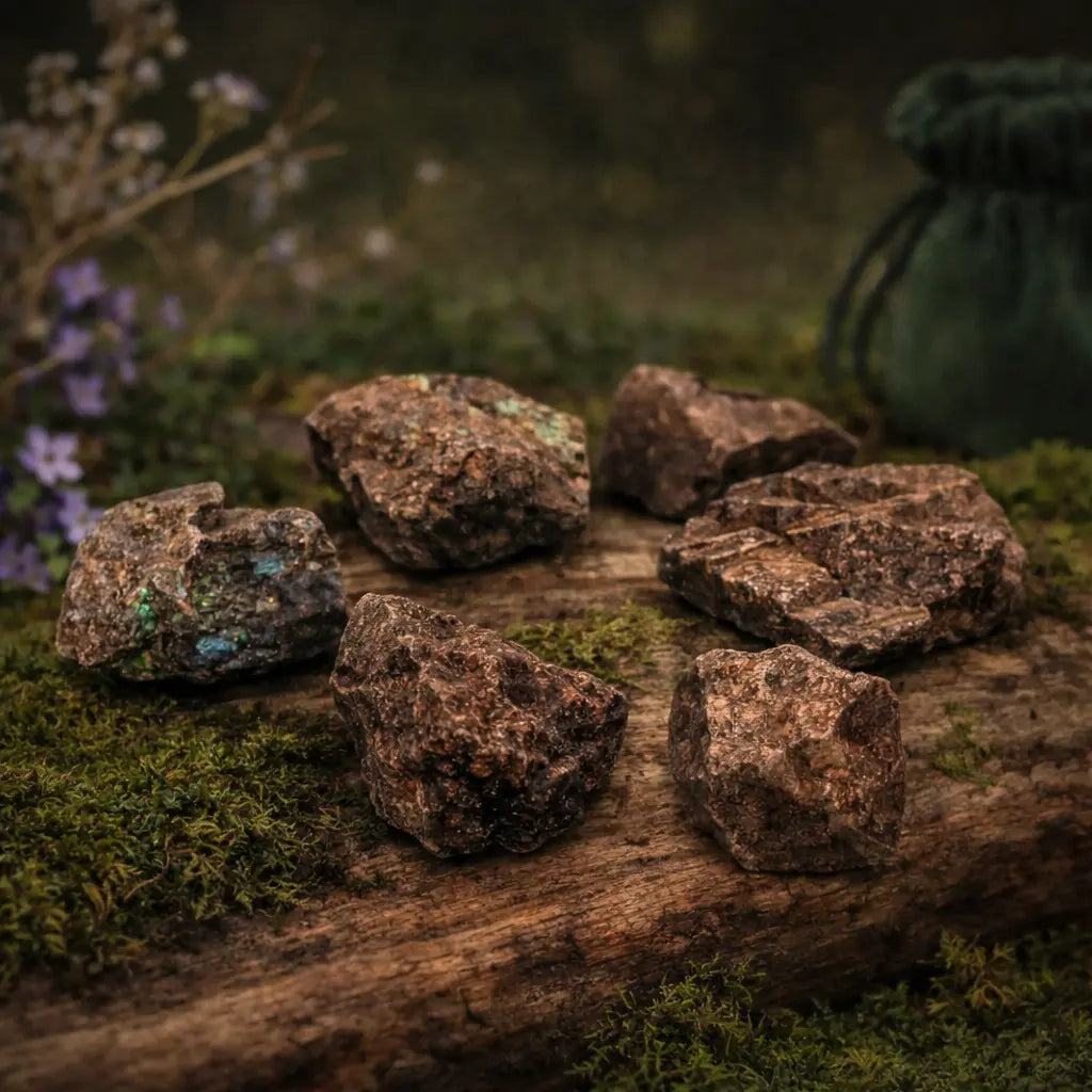 Plusieurs fragments de labradorite brute aux reflets métalliques bleus et dorés, disposés sur un support en bois rustique avec un pochon vert en arrière-plan.