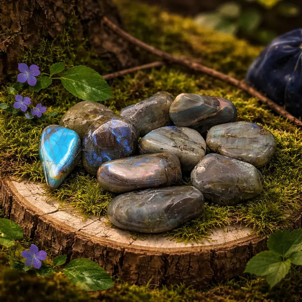 Plusieurs pierres de labradorite polies montrant des reflets bleus irisés intenses, disposées sur un socle en bois moussue à côté de fleurs violettes.