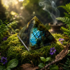 Pyramide en labradorite polie aux reflets métalliques bleus et dorés intenses, posée sur de la mousse verte avec de la fumée de rituel en arrière-plan.