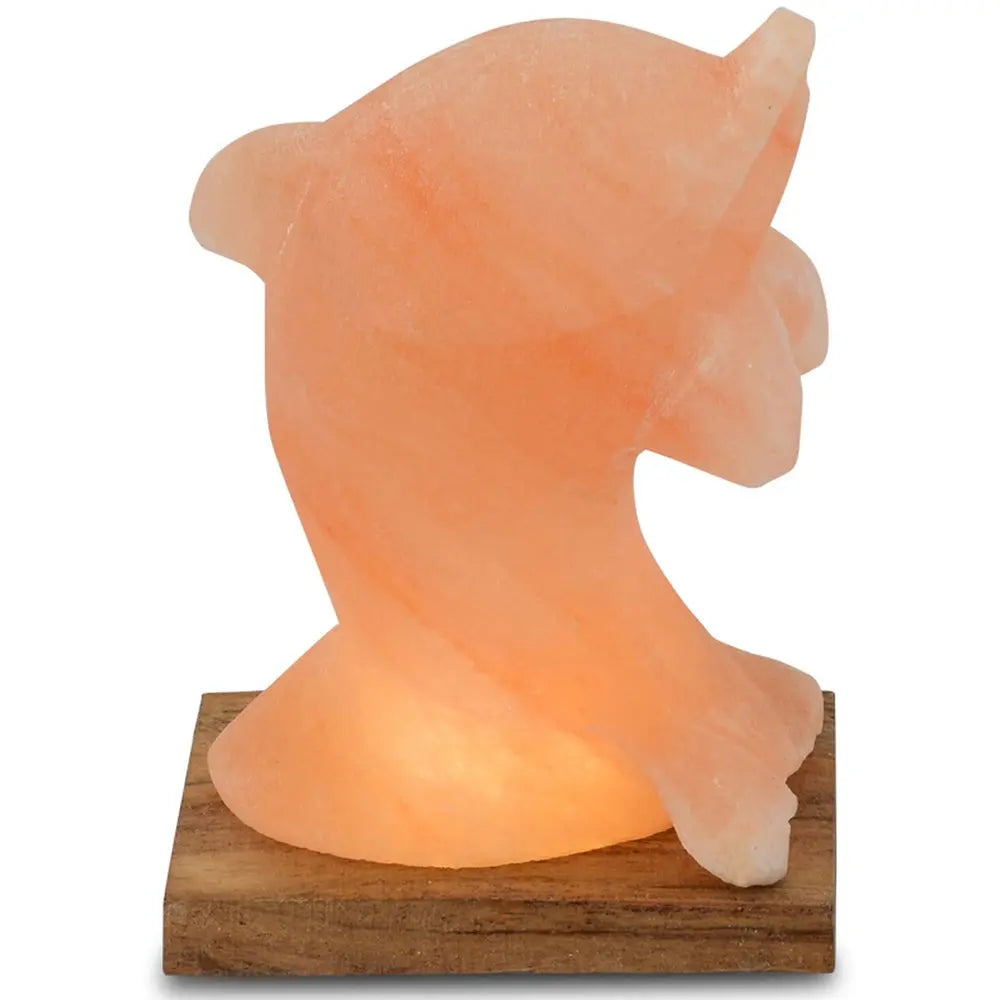 Lampe de sel rose sculptée en forme de dauphin allumée sur un socle en bois carré