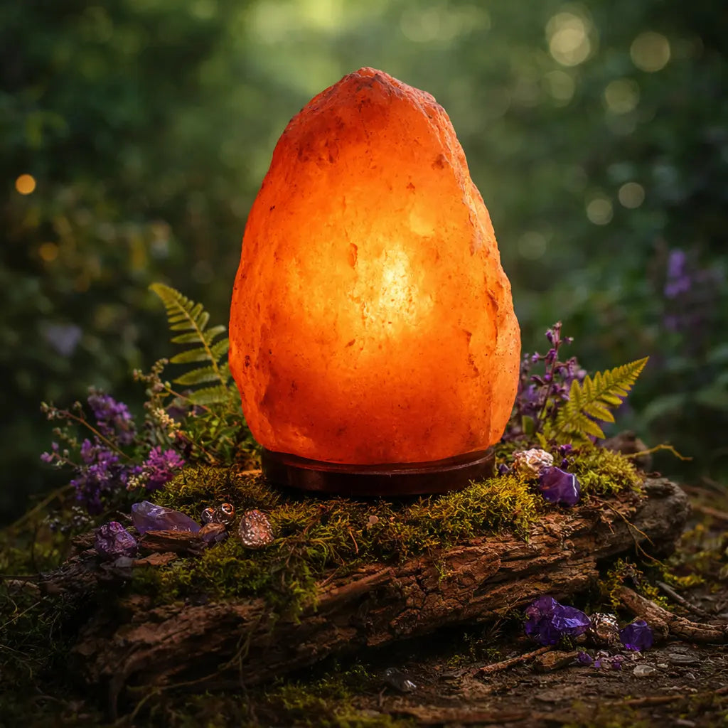 Lampe en véritable sel de l'Himalaya brute et lumineuse sur socle en bois, entourée de cristaux sur de la mousse pour la méditation.