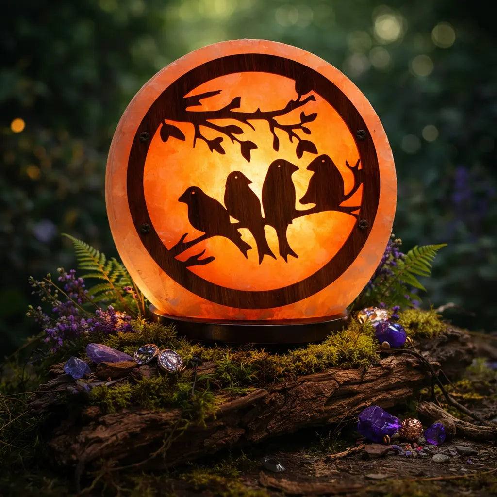 Lampe en véritable Sel de l'Himalaya Décoration Bois - Oiseaux lumineuse avec silhouette d'oiseaux sur branche, posée sur écorce pour ambiance zen.
