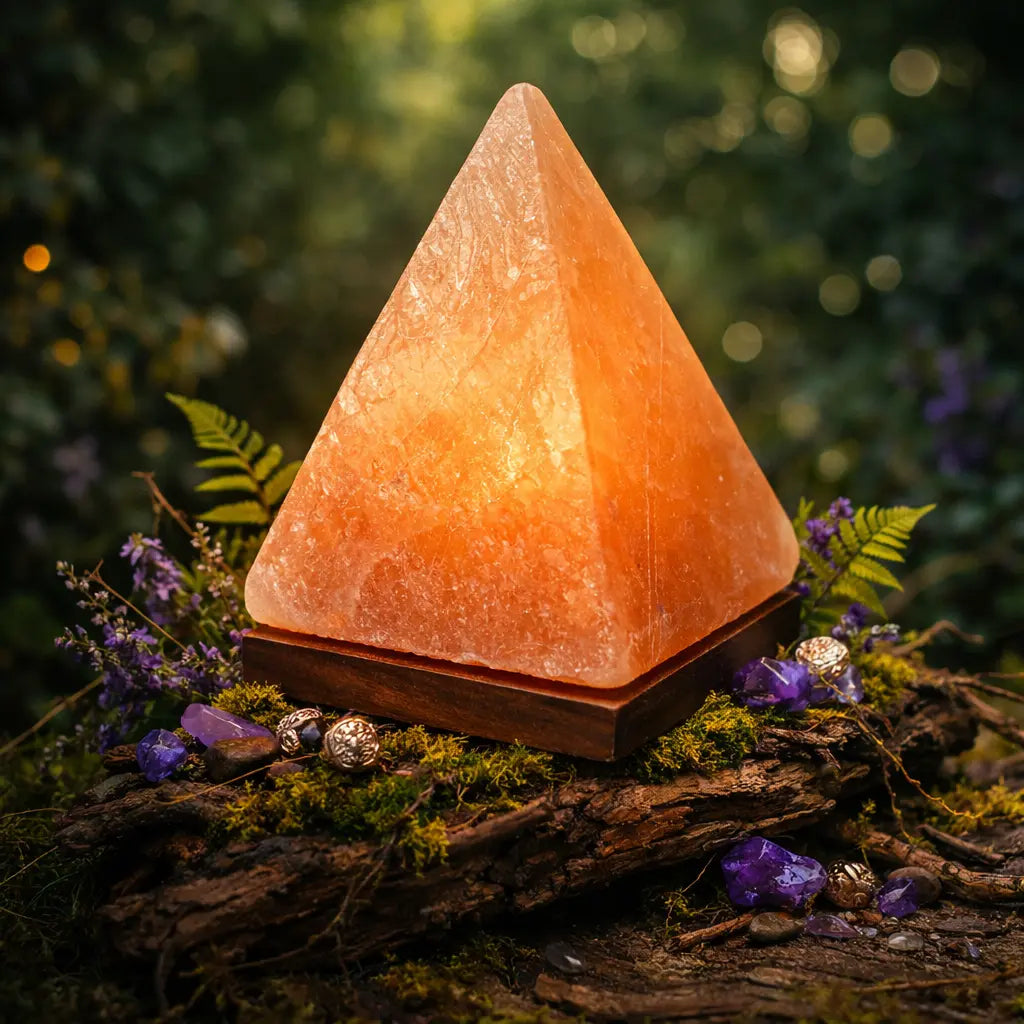 Lampe en véritable Sel de l'Himalaya - Pyramide lumineuse sur socle en bois avec cristaux pour ambiance zen et purification de l'air.