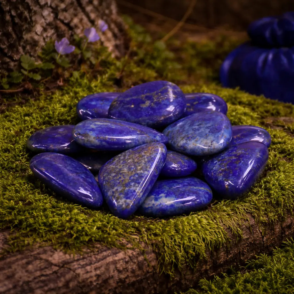 Un groupe de galets de lapis-lazuli d'un bleu outremer profond avec des inclusions dorées, disposé sur une branche moussue dans un décor de sous-bois naturel.