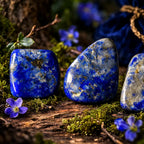 Trois pierres de lapis lazuli polies d'un bleu outremer profond avec des éclats de pyrite dorée, posées sur une écorce moussue avec des fleurs violettes.